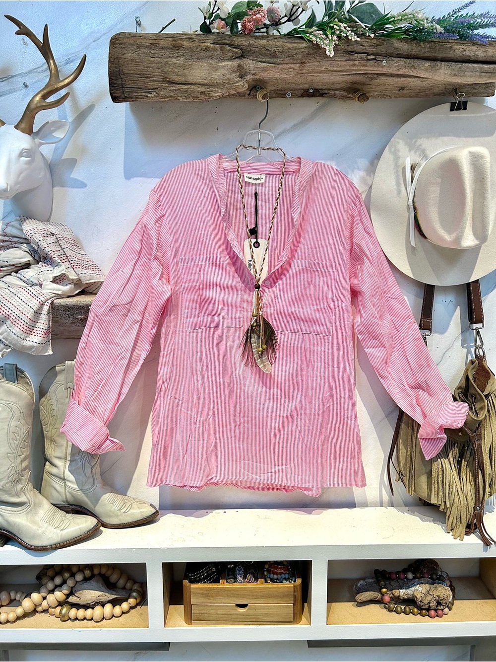 Women's Pink V-Neck Tunic Top - Lightweight Long Sleeve